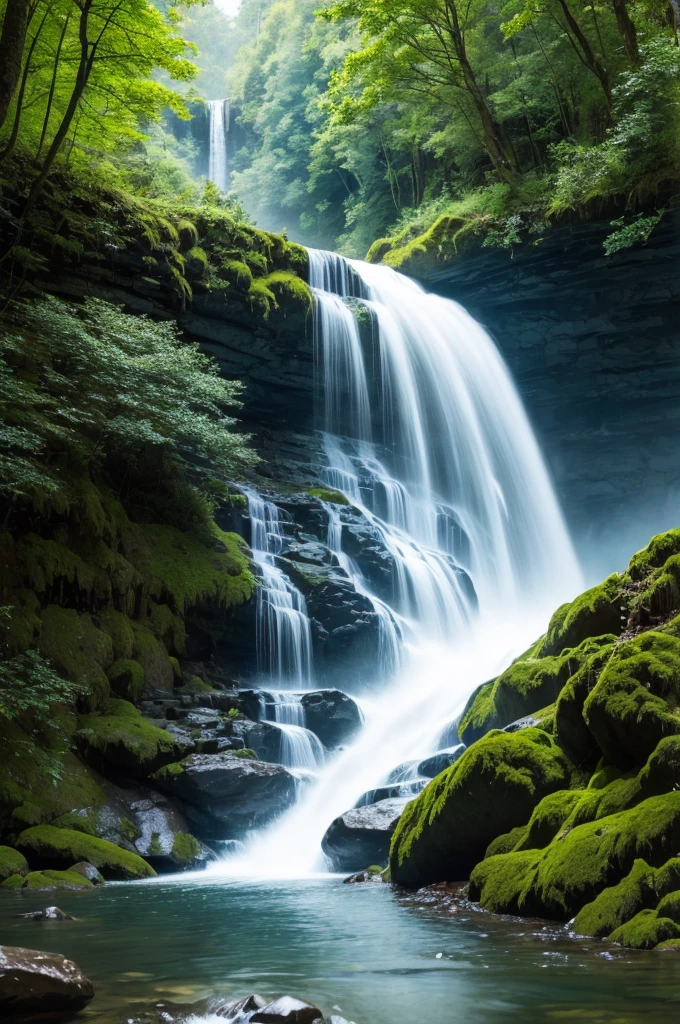 stunning waterfall: A majestic waterfall in the middle of a forest, capturing the dynamic energy of moving water