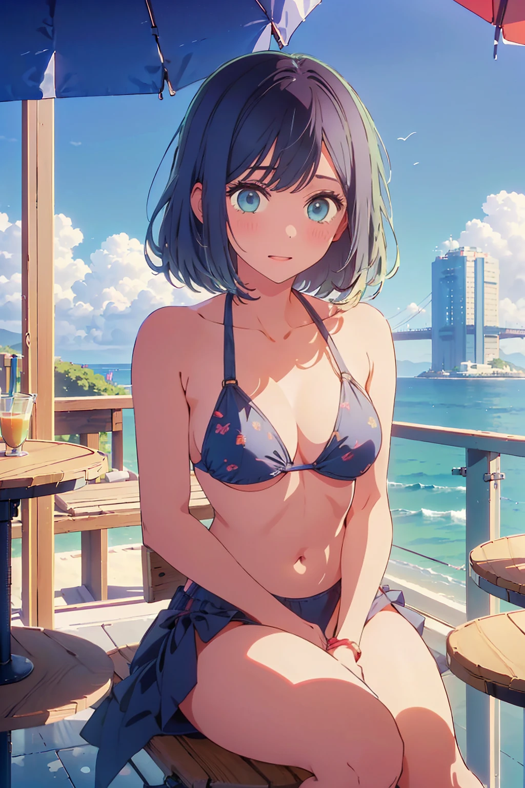 (Highest quality:1.4、masterpiece:1.4、Super detailed:1.4、8K:1.4)、F cup bust、Big Breasts、Slim body、((((1 person、Surprised expression、sit、Chair、In the background are the urban buildings of Tokyo、looking at the camera、Outdoor café terrace、coastal、Navy hair color、juice、Shooting up close、table、Very cute face))))、(Pose of putting hair behind ears with hands:1.4）、((nude、Areola、bikini size too small))、Seamless see-through top、Very blue sky、A completely cloudless sky、Big eyes
