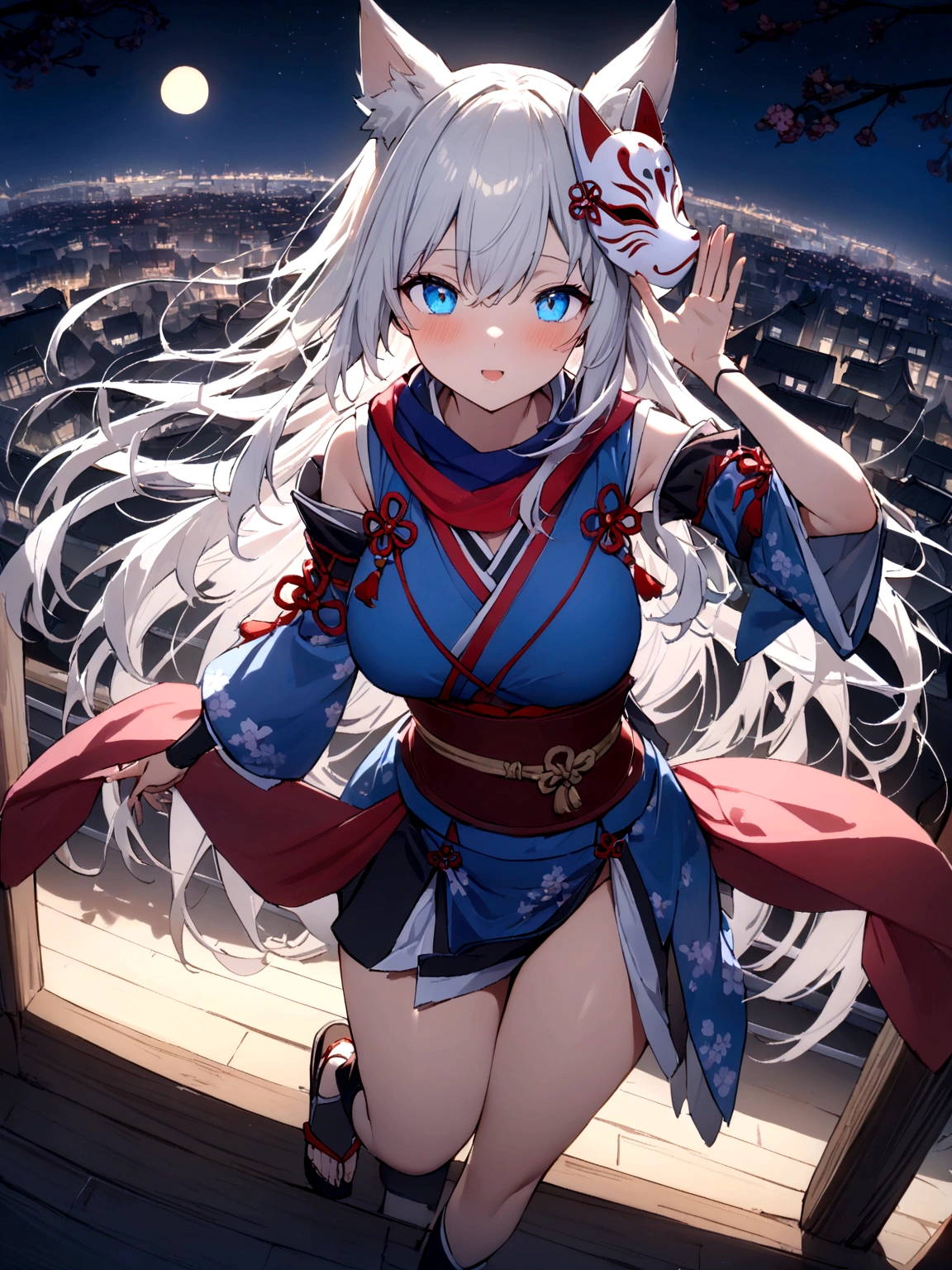 insert、Asahi、A magnificent view of the city from the treetops、(masterpiece, best quality:1.2), 1girl, 独奏,Wolf girl, fox mask, ninja, girl, long white hair, odd eyes, blue kimono, ninja girl, red and blue scarf,Dancing Cherry Blossoms,Full moon backlighting, light coming in, fantastic atmosphere.night、Shadows of light and darkness、Eyes glowing in the dark、Black fox mask、Fisheye Lens、Expansive starry sky、long hair that spreads、Overlooking the city from atop a large cherry tree、Aside exposure