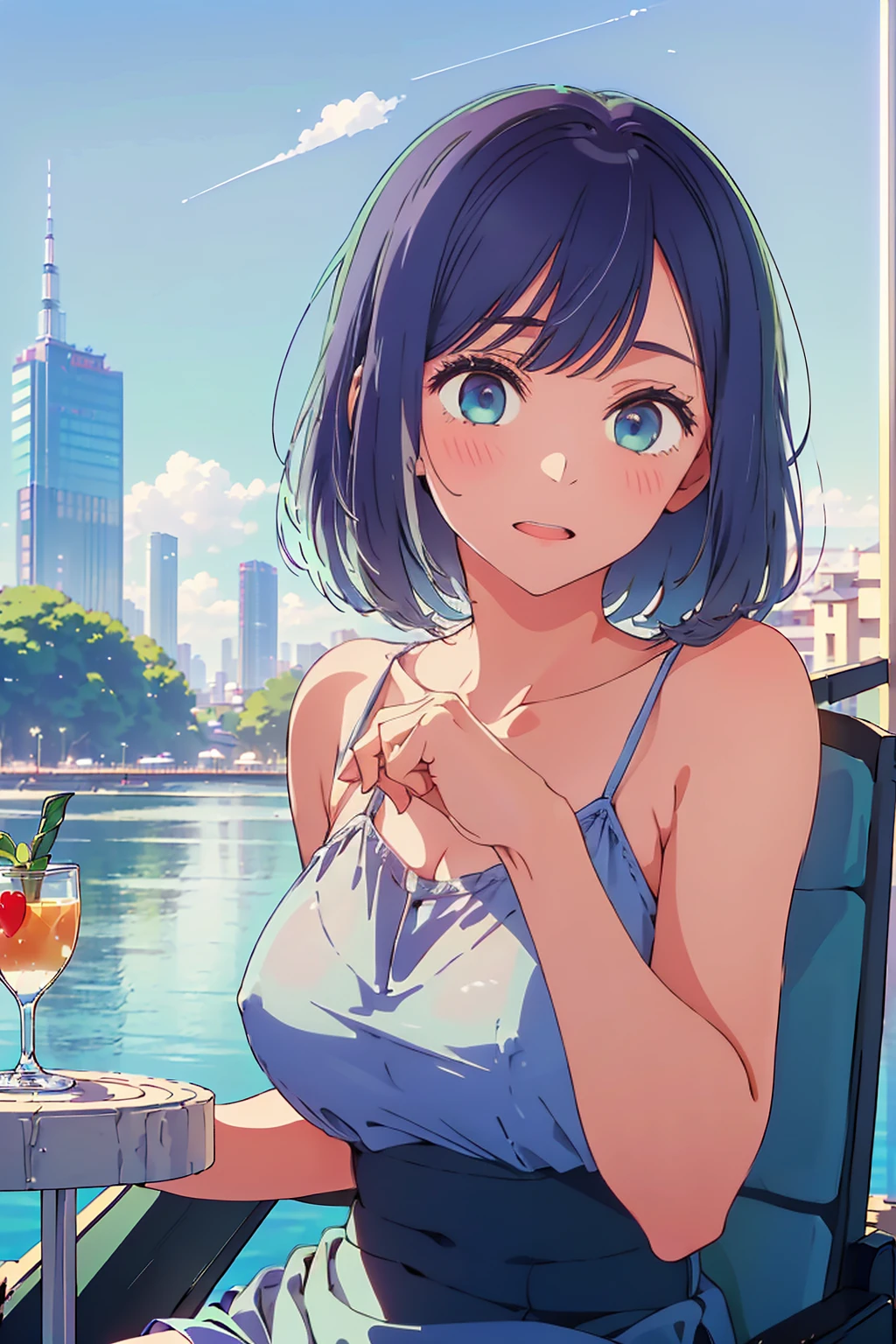 (Highest quality:1.4、masterpiece:1.4、Super detailed:1.4、Ultra-high resolution:1.4、8K:1.4)、F cup bust、Big Breasts、Slim body、((((1 person、Surprised expression、sit、Chair、In the background are the urban buildings of Tokyo、looking at the camera、Outdoor café terrace、coastal、juice、Shooting up close、table、Very cute face))))、(Pose with hands tucked behind ears:1.4、Cheek resting on hand:1.4)、((nude、very beautiful areola、camisole))、Seamless see-through top、Very blue sky、A completely cloudless sky、Big eyes