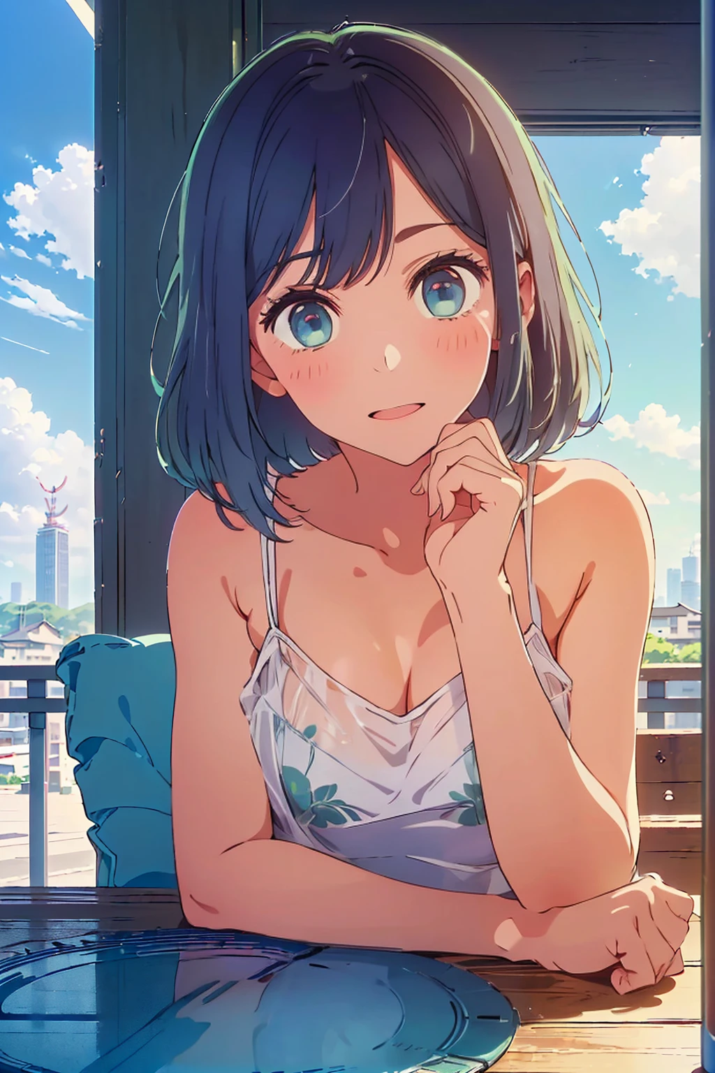 (Highest quality:1.4、masterpiece:1.4、Super detailed:1.4、Ultra-high resolution:1.4、8K:1.4)、F cup bust、Big Breasts、Slim body、((((1 person、Surprised expression、sit、Chair、In the background are the urban buildings of Tokyo、looking at the camera、Outdoor café terrace、coastal、juice、Shooting up close、table、Very cute face))))、(Pose with hands tucked behind ears:1.4、Cheek resting on hand:1.4)、((nude、very beautiful areola、camisole))、Seamless see-through top、Very blue sky、A completely cloudless sky、Big eyes
