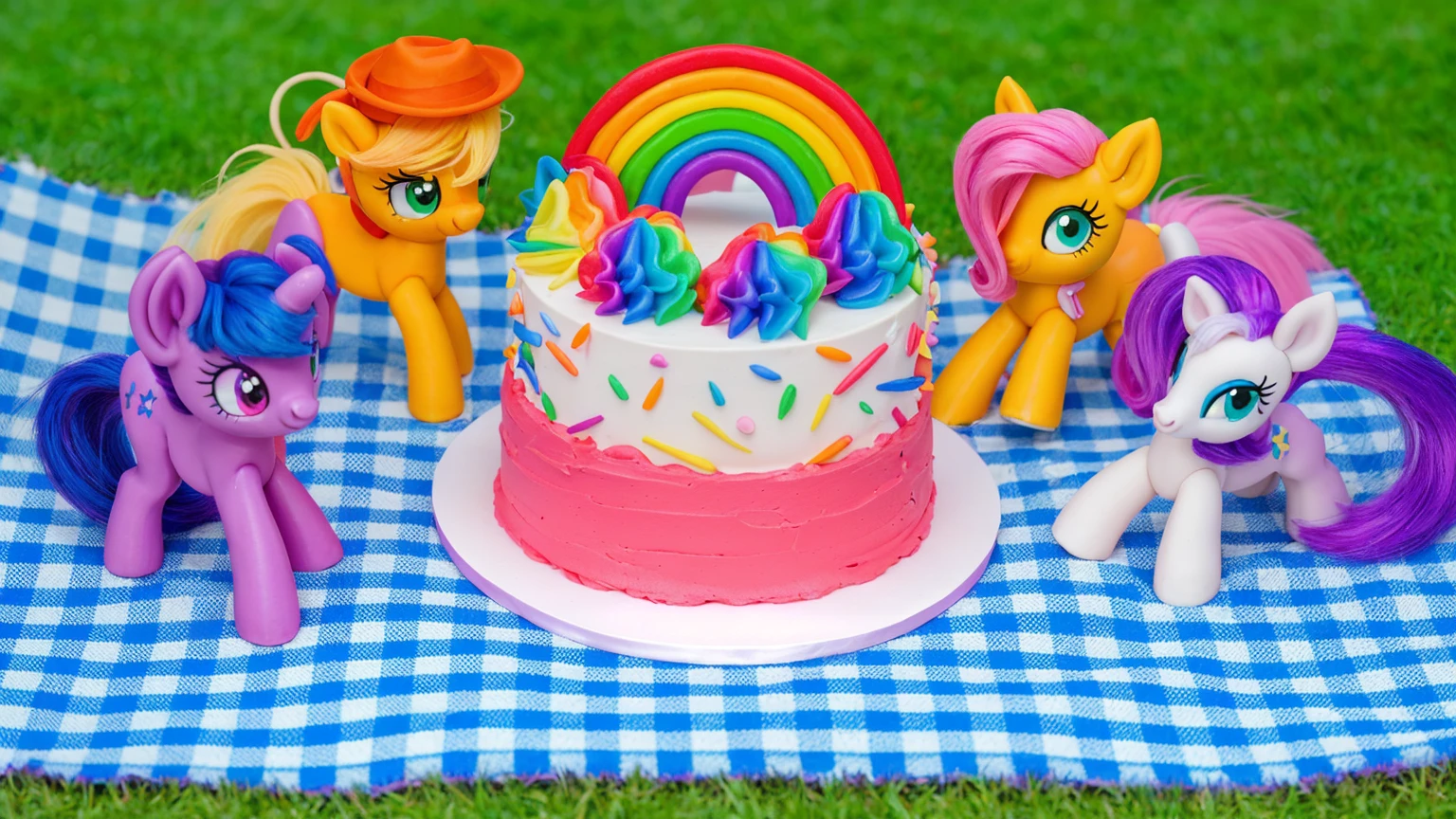 on the grass, on a pink checkered tablecloth. there is a white plate with cake, white and pink cream cake, Rainbow confectionery powder on the cake, top rainbow gradient cream, polymer clay rainbow, рядом стоят пластиковые pony toys из мультфильма My Little Pony, pony toys, purple pony with wing and horn, orange pony with hat and yellow hair, yellow pony with pink hair and wing, white pony with purple hair and horn. beautiful light, sunlight, sunny day, beautiful lighting, bright announcement, several light sources, Realistic style, realistic textures, high quality, high detail, detailed texture, ultra 4k hd