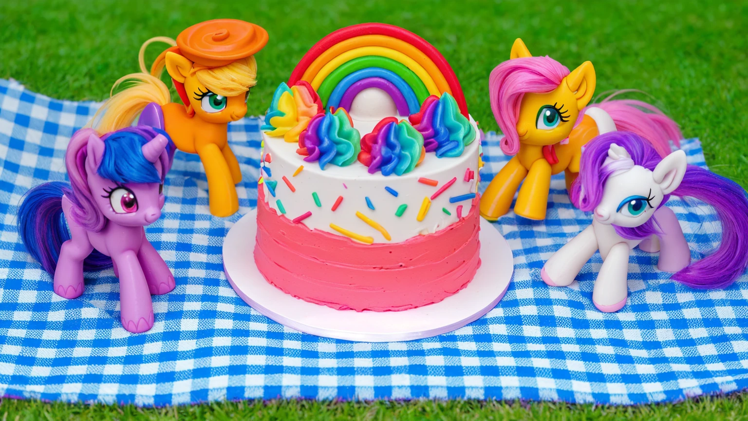 on the grass, on a pink checkered tablecloth. there is a white plate with cake, white and pink cream cake, Rainbow confectionery powder on the cake, top rainbow gradient cream, polymer clay rainbow, рядом стоят пластиковые pony toys из мультфильма My Little Pony, pony toys, purple pony with wing and horn, orange pony with hat and yellow hair, yellow pony with pink hair and wing, white pony with purple hair and horn. beautiful light, sunlight, sunny day, beautiful lighting, bright announcement, several light sources, Realistic style, realistic textures, high quality, high detail, detailed texture, ultra 4k hd