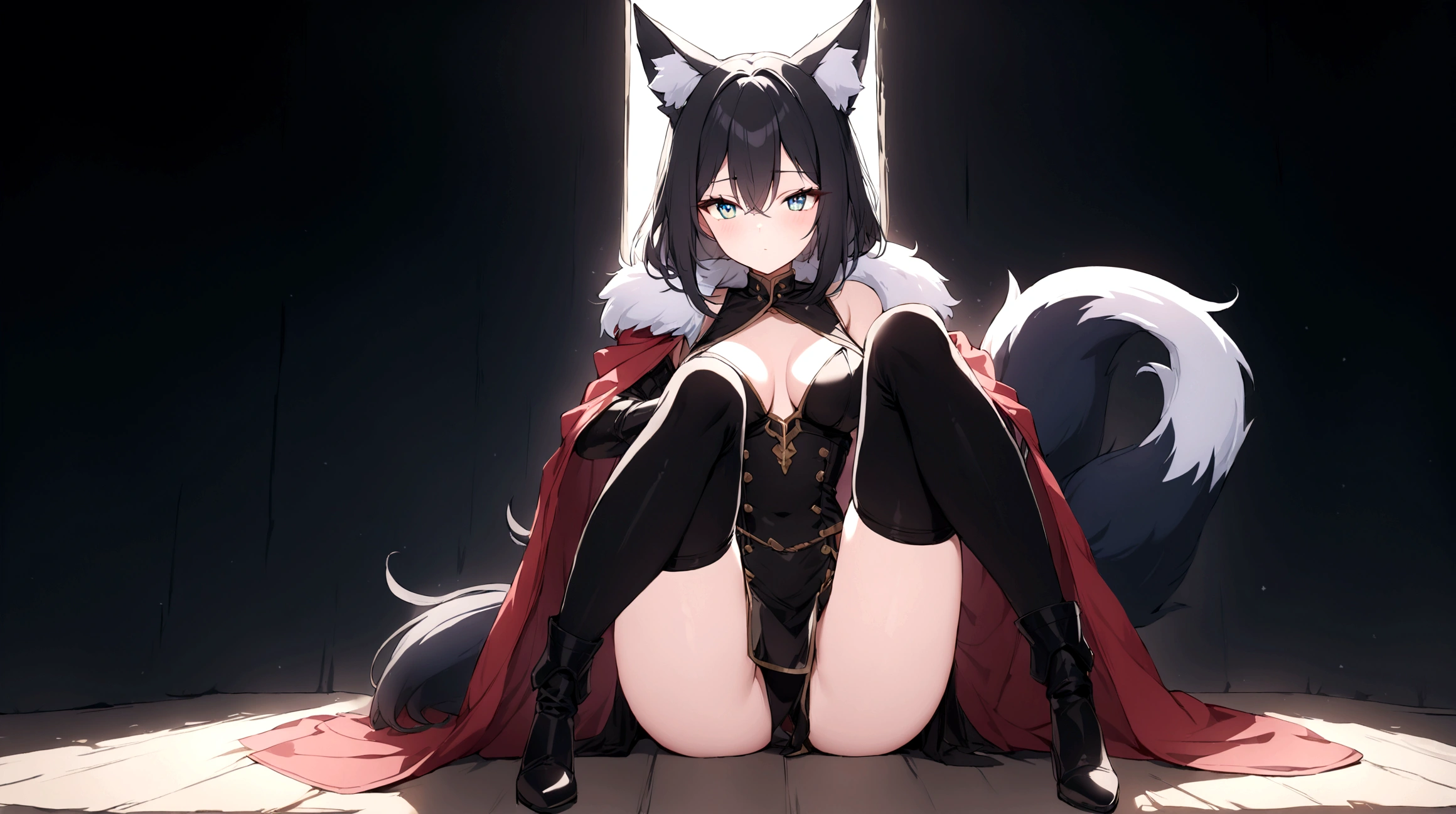 (1girl, Masterpiece, best quality) (detailed and beautiful eyes:1.6) (perfect hands, perfect anatomy) (full body)) (Adult body) Fox-girl Misaki has (short black hair), (Fox-ears). ((She wears a black full cover leather fantasy, medieval adventurer armor with additional coat. It doesn't show any skin or . Her outfit includes a leather straps. She has a one black **fluffly** fox tail. She has over-to-knee socks. Her position shows strength and readness for battle.