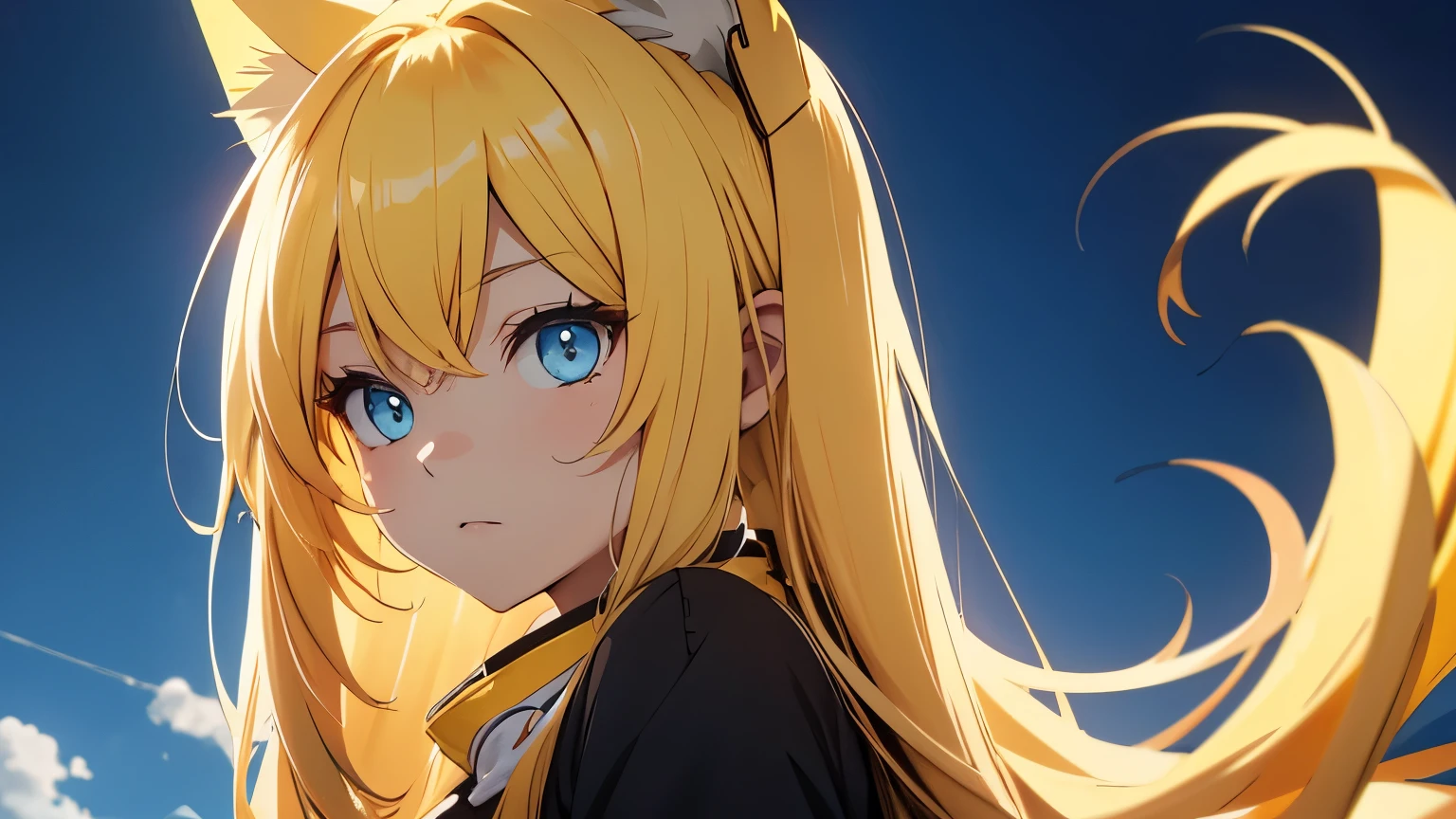 Anime cat girl with yellow ears, long yellow hair, blue eyes is staring.