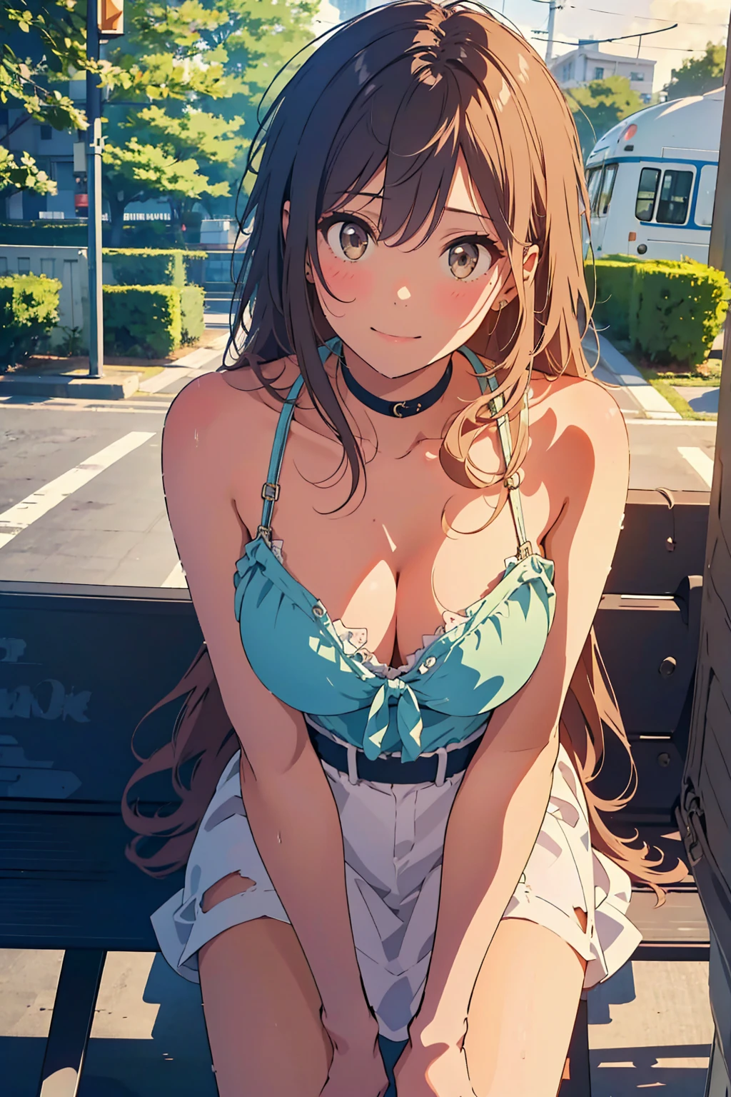 girl in summer clothes, casual dress, making as if she wants to kiss you, (cute girl bending down looking at camera), medium breasts, random hair color, cleavage, random background, flirtatious look, ((very detailed)), (perfectly detailed face), cute face,  (well detailed hand) photorealistic image, bus stop, bench,countryside, rain, bus stopでrain宿り,レトロなbus stop,