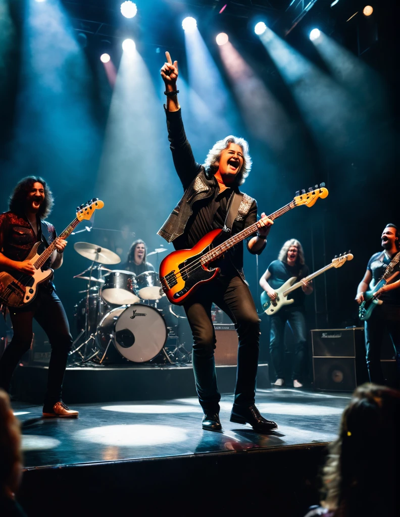 James May, dressed in a classic rock-inspired outfit, plays bass guitar on stage during a high-energy performance. The setting is a dimly lit, crowded rock club with a retro aesthetic. James is centered in the frame, his bass guitar at the ready. The background is filled with a sea of enthusiastic fans, all cheering and waving their hands in the air. The lighting is dramatic, with spotlights highlighting James's energetic pose. The overall mood is electric and lively, capturing the excitement of a live rock concert.