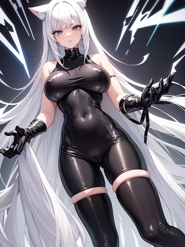 white hair girl, cat ears, big body, with a black leather suit attached to the body, that her nipples and vagina are visible in her suit, masturbating a girl with long black hair and bangs, with small breasts but big hips and a thin torso, looking to enjoy the situation, with a wet vagina