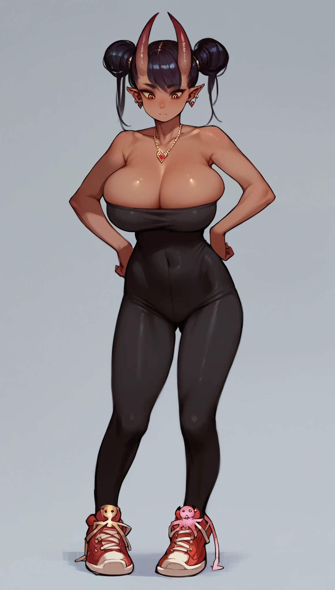 score_9, score_8_up, score_7_up, score_7, Expressiveh,best quality, masterpiece, ultra high resolution,
(demon girl:1.35), ((tomgirl)), solo, ((skinny, thin, tiny, cute), (large breast, large bust:1.5)), girl, _, jewelry, necklace, earrings, shoes, full_body, long hair, sneakers, hair buns, horns, horny, ((hands_on_hips)), standing, dark_skin, dark-skinned_female, black_hair, leggings, bodysuit, strapless