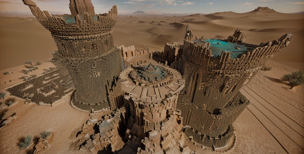 (masterpiece), best quality, there is a very large tower made of rocks in the desert, desert temple, high quality art, deep mandelbulb landscape, the place in desert, there is a very tall tower with a door, very detailed texture, super detailed picture high detail texture, perfectly tileable, high texture detail, super detailed render, hd detailed texture