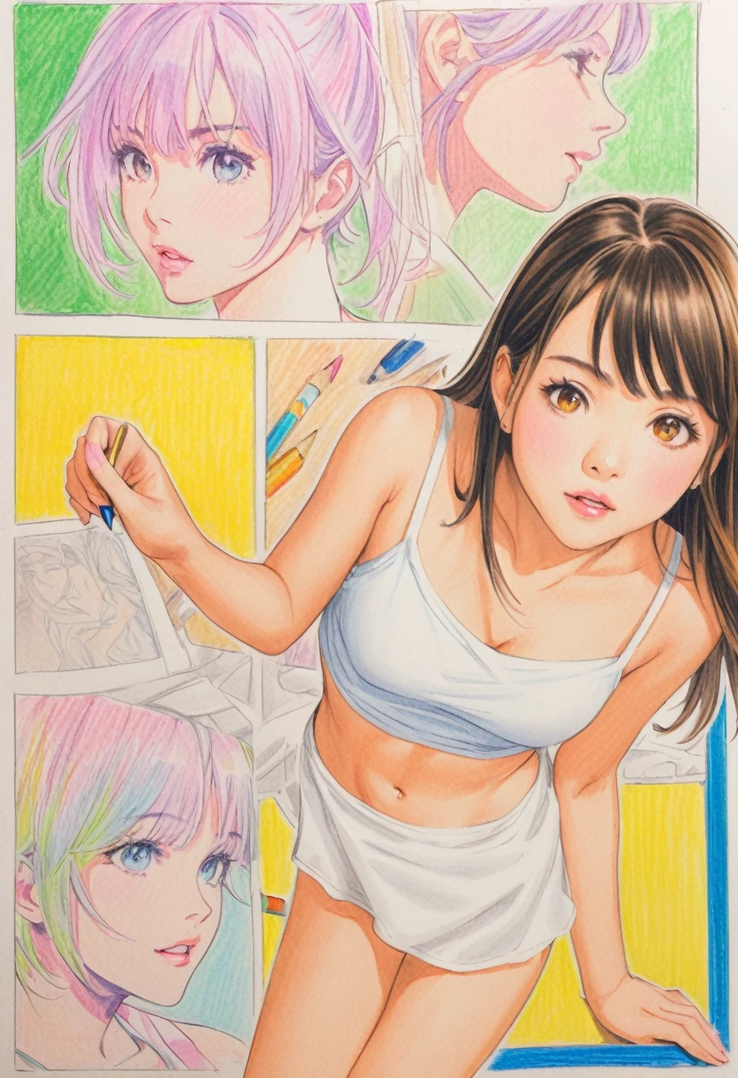  female，short camisole，white，Art，ad，colour pencil drawing，draft drawing ，comic collage