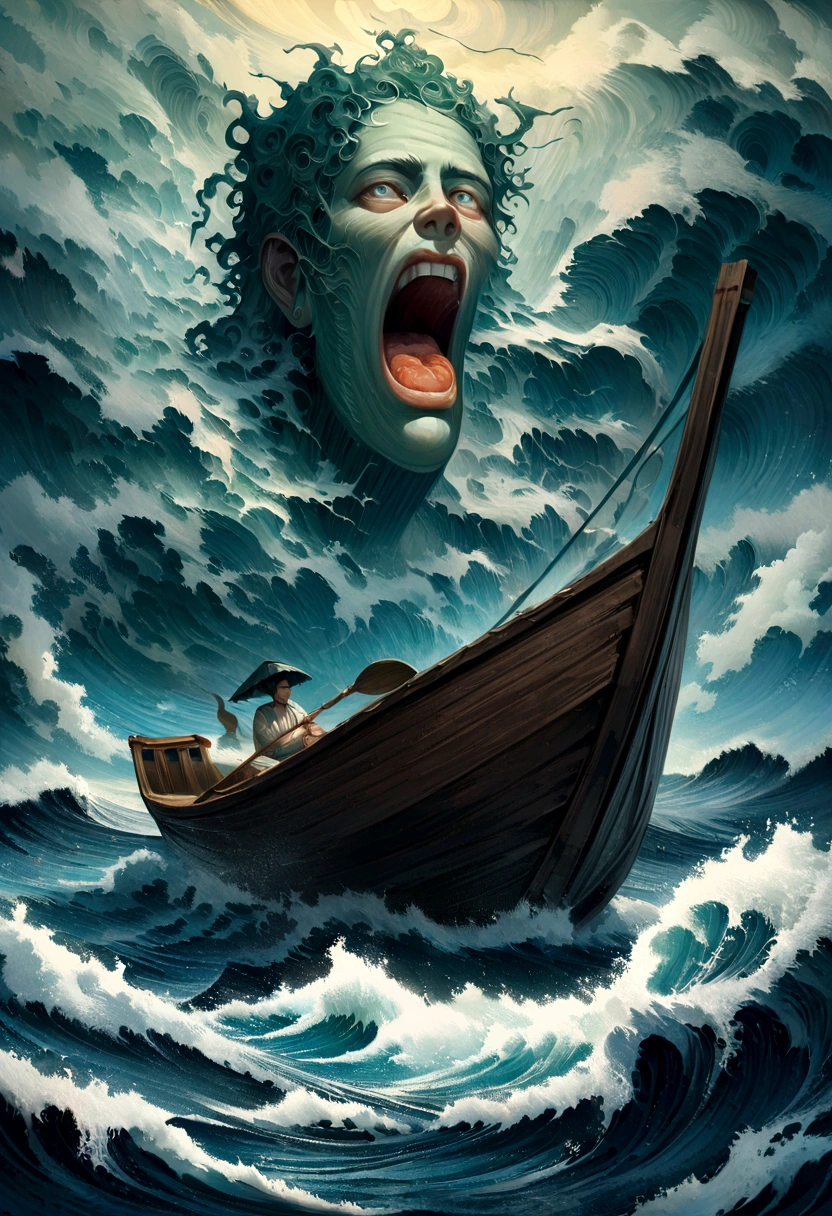 A painting of a man rowing a boat in the ocean with lightning coming from his mouth., The sea and storm behind him, Amazing artwork, Surreal digital art, Amazing, surreal 8K oil painting., sea storm, Surreal art, Surreal artและแฟนตาซี, surreal painting, ocean storm