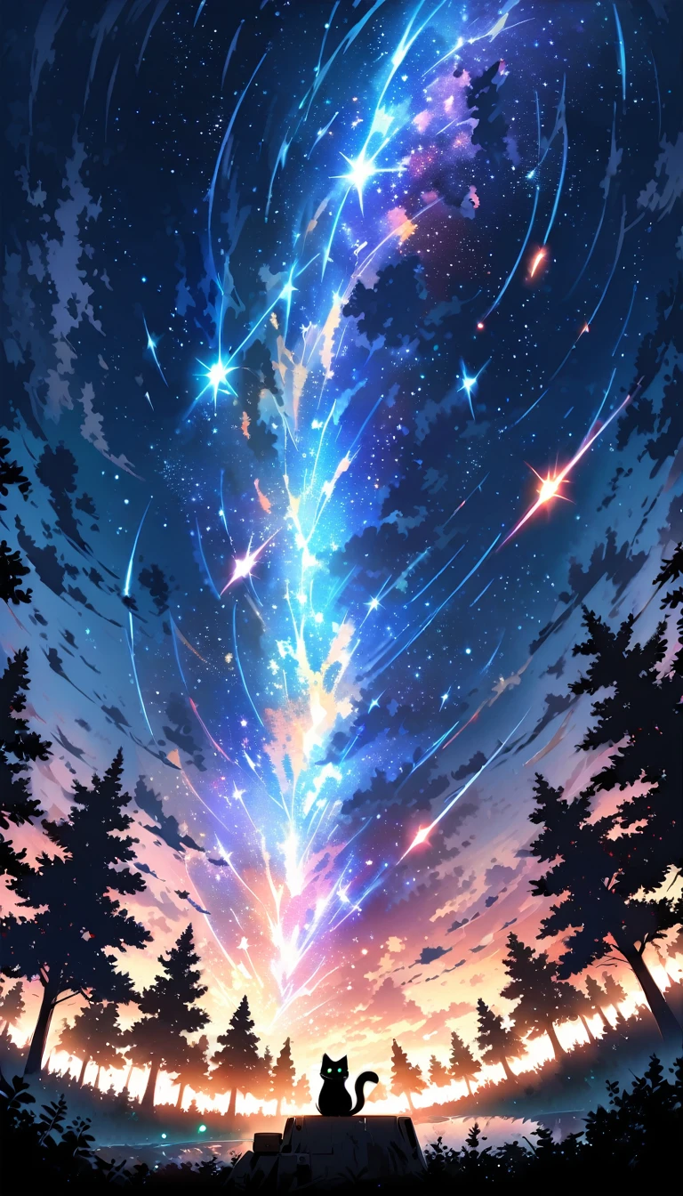 Animated paintings inspired by Makoto Shinkai, space art, (sideways (black cat) sitting from the forest looking at the sky), mysterious, fantastic, meteor shower, intricate light, twinkling trees, ((unmanned)),