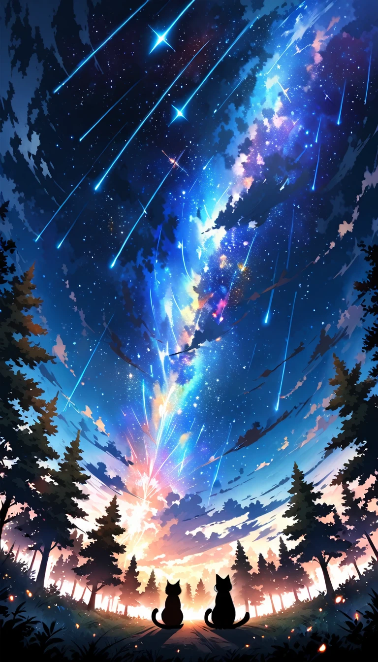 Animated paintings inspired by Makoto Shinkai, space art, (sideways (black cat) sitting from the forest looking at the sky), mysterious, fantastic, meteor shower, intricate light, twinkling trees, ((unmanned)),