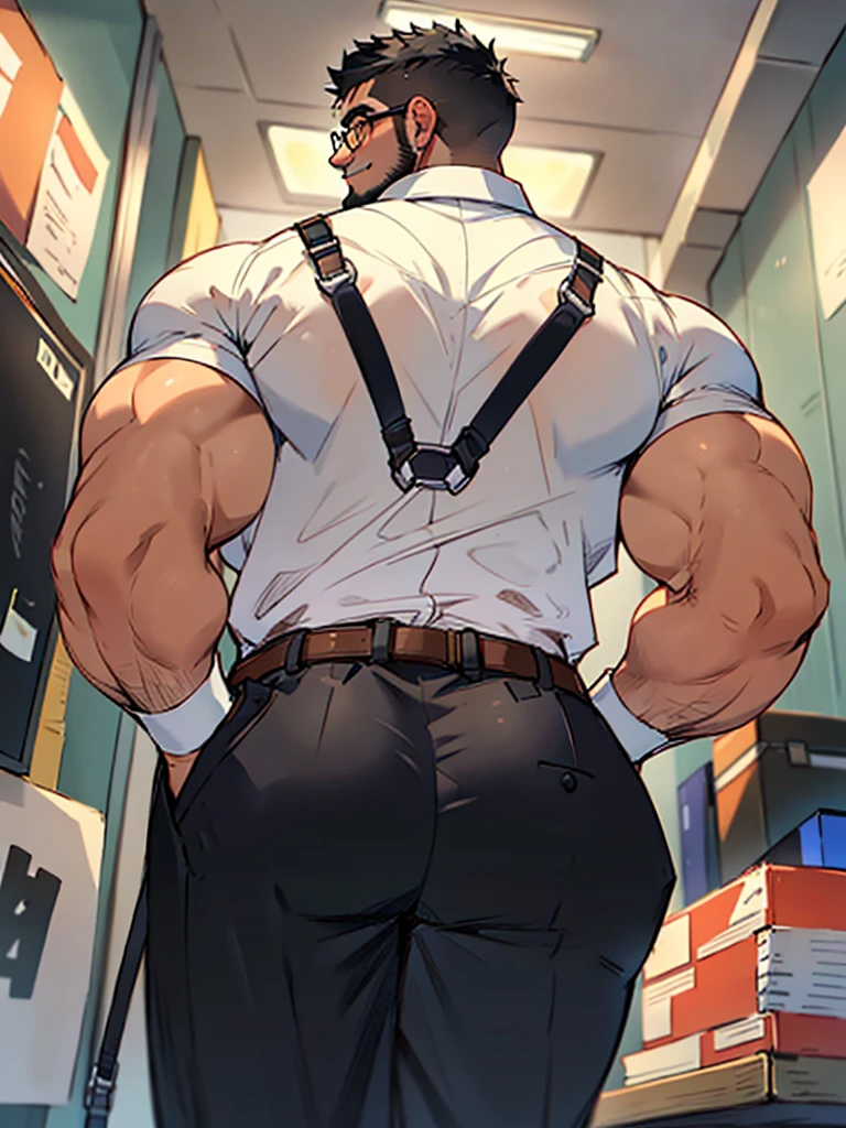 4k, masterpiece, high resolution:1.2, 1 man, solo, bara, muscular, big physique, crew cut hair, facial hair, chest, wide shoulder, biceps, thighs, triceps, butt, black hair, cute smile, friendly, standing in an office, wearing formal trousers, wearing formal stripes pattern office shirt, wearing glasses, upstairs office in the background, ultra detailed, shredded muscle, flat style (((wearing harness))) (((view from the bottom back, thick huge ass)))