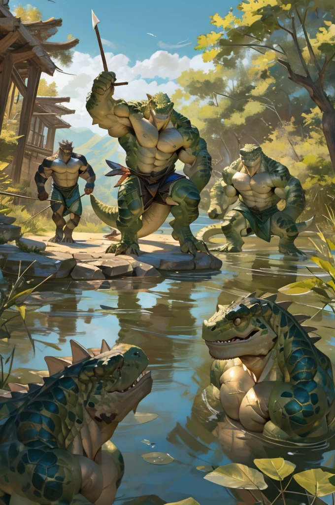 By Taran fiddler, bara, multiple people, lizard, older male, detailed faces, standing, naked, reptile men, a group of anthro reptiles, green scales, erected penises, savages, wearing loinclothes, holding spears, threatening poses, running, crawling, attacking, standing in water, lake, dynamic camera angle, focus on faces