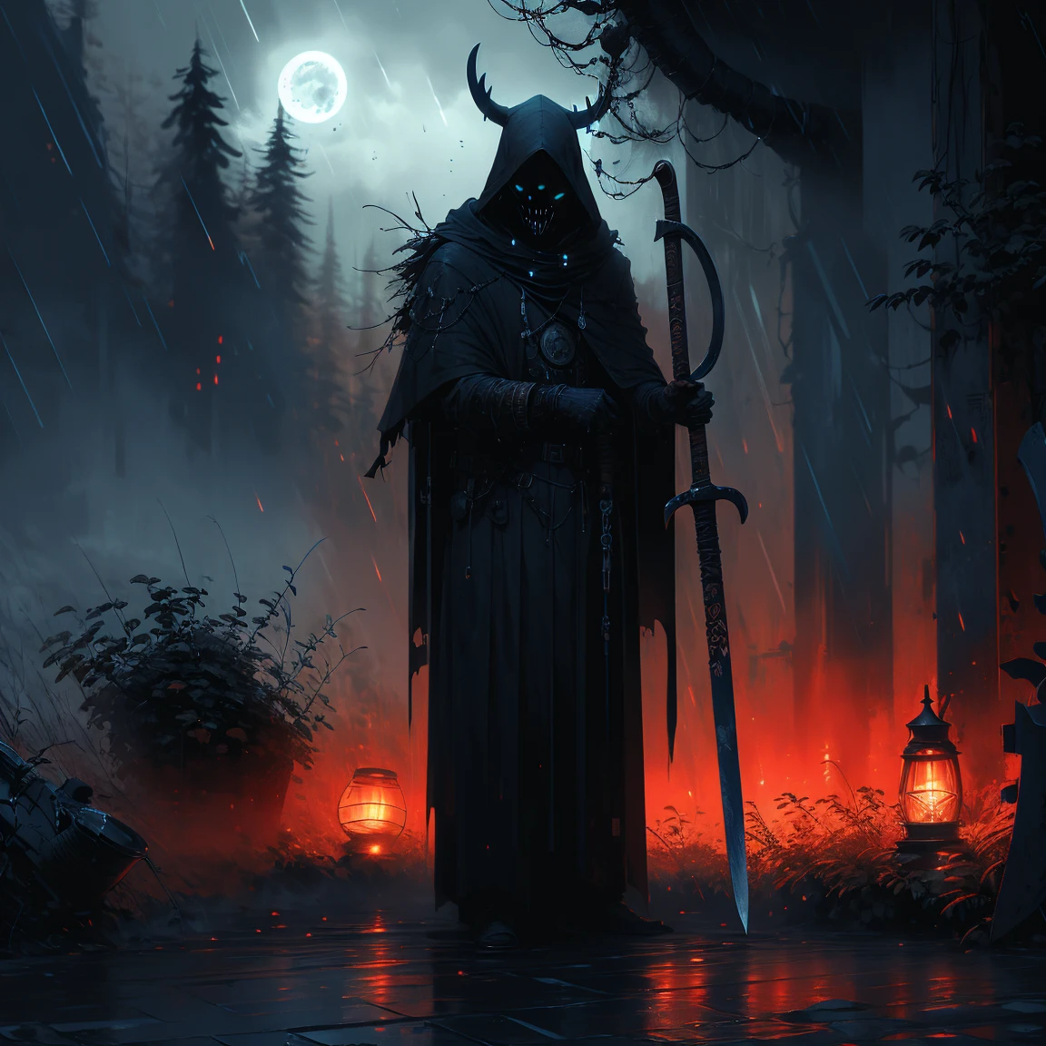 (best qualityer,high resolution),detailed reaper with scythe,sinister atmosphere,black fantasy,Gothic style,heavy shadows,misty fog,full moon night,Rustling leaves,sinister presence,mysterious figure,sharp sickle,Hooded cape,ethereal glow,threatening sky,icy wind,ominous aura,dark scenery,whispering echoes,haunting landscape,spectral beauty,color contrast,dramatic composition,spooky vibes,Dark images.