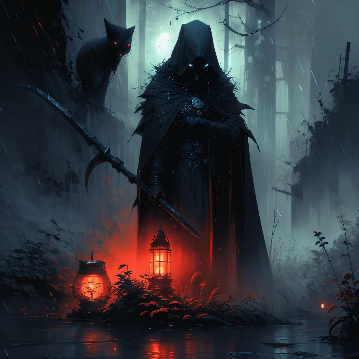 (best qualityer,high resolution),detailed reaper with scythe,sinister atmosphere,black fantasy,Gothic style,heavy shadows,misty fog,full moon night,Rustling leaves,sinister presence,mysterious figure,sharp sickle,Hooded cape,ethereal glow,threatening sky,icy wind,ominous aura,dark scenery,whispering echoes,haunting landscape,spectral beauty,color contrast,dramatic composition,spooky vibes,Dark images.