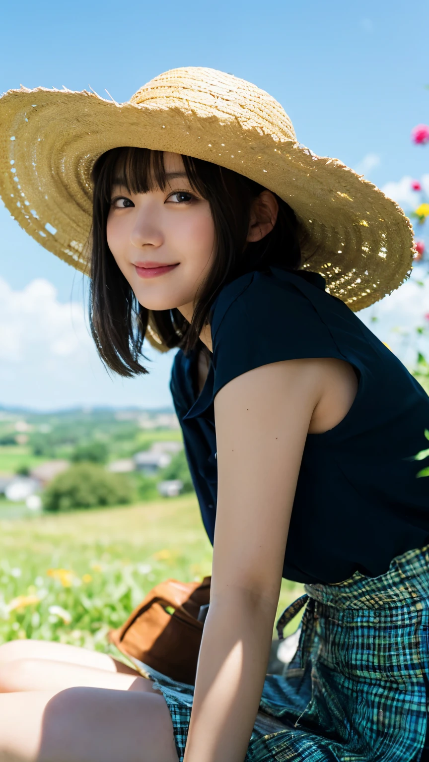 (Highest quality,masterpiece:1.3,Ultra-high resolution),(Very detailed,Caustics,8K),(Realistic:1.4,RAW shooting),18-year-old,cute,Japanese,Straw hat,Black hair medium hair,(one piece),(smile),Looking into the camera,blue sky,sun,(Top of the Hill),(Tall green grassland:1.1),(Sit on the grass),(Ground Level Shot:1.1),(Waist up shot),(Low position:1.1),(Low Angle:1.1),Natural light