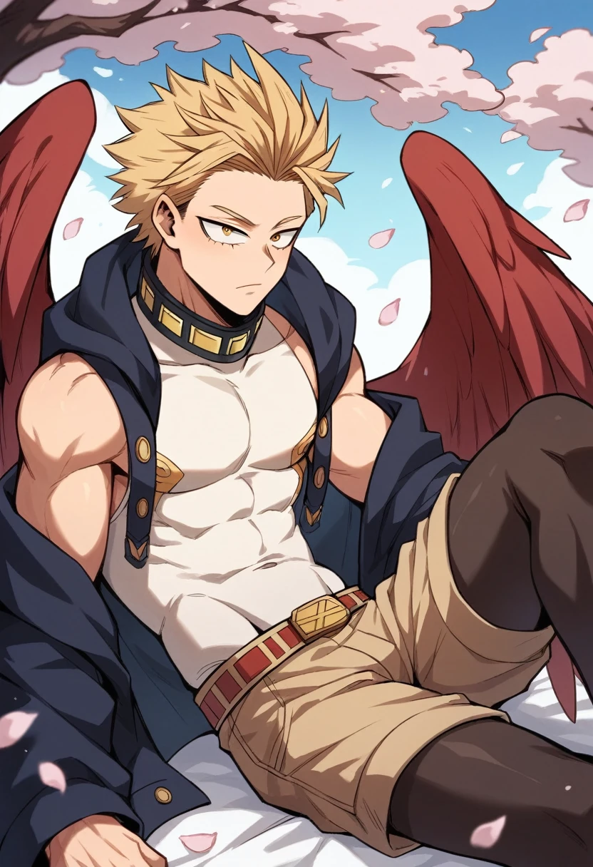 only, boy blonde hair slicked back, some front strands, gold eyes, white sleeveless long collar short shirt dress, dark fluffy hooded jacket falling off your shoulders, light brown shorts, long dark thigh high stockings, red wings on his back, sitting on his knees on a blanket, with cherry blossoms, Boku no hero academia, Hawks 