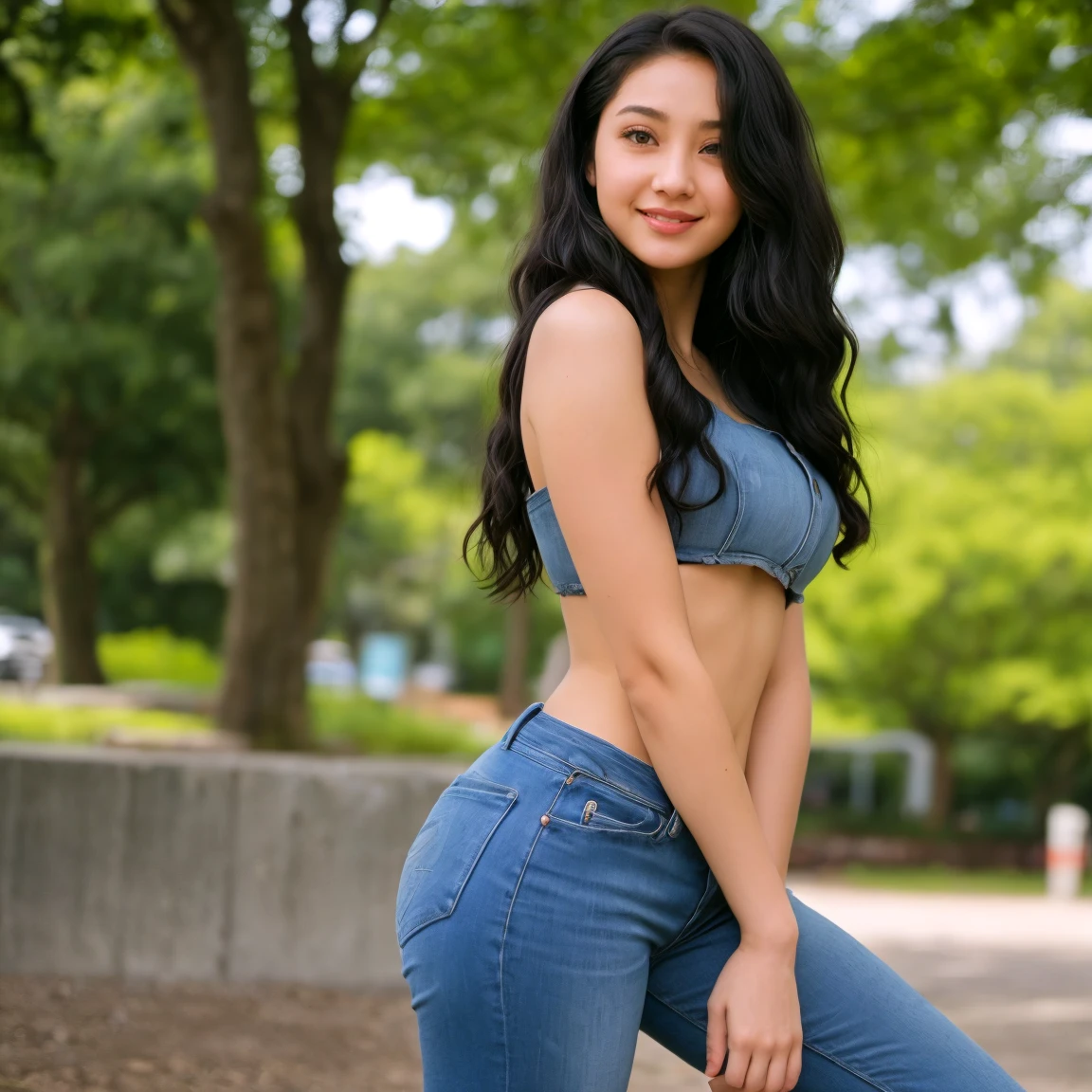 1 girl, solo, Caucasian, Young Woman, photorealistic, RAW image, (Photo of Nadine Lustre and Laura Linney combined), name is Kasumi, (((22 years old woman))), (((hazel eyes))), (((Black hair))), ((long curly hair)), (((full body))), (((Close Shot))), (((slim body))), ((wearing jeans and sleeveless)), (at an park), smirk, random pose