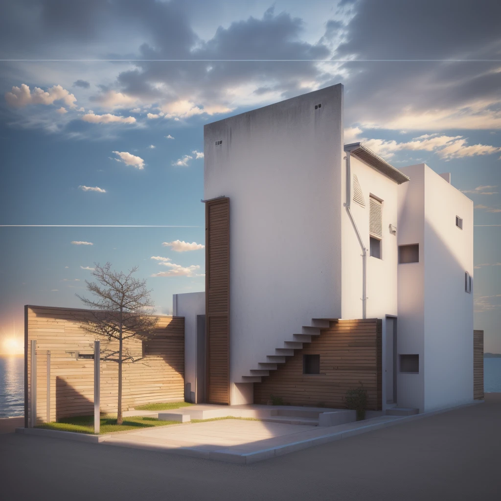 un dessin d'une maison avec un escalier et un arbre, maison conceptuelle, concept architectural, vue de face, vue de face, rendu architectural, maison urbaine, vue en élévation, 3 / 4 vues, 3/4 vues, conception résidentielle, dans le style du réalisme simplifié, maison complète, vue de perspective, rendu d'architecture, dessin conceptuel, architecture du logement, rendu architecturaling, front vue en élévation