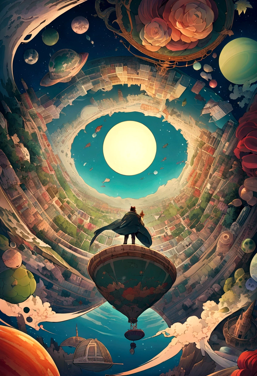 A man flies through the sky,Surrounded by a planet,A variety of stranger city surround it。The man holds the map,'s illustration。
