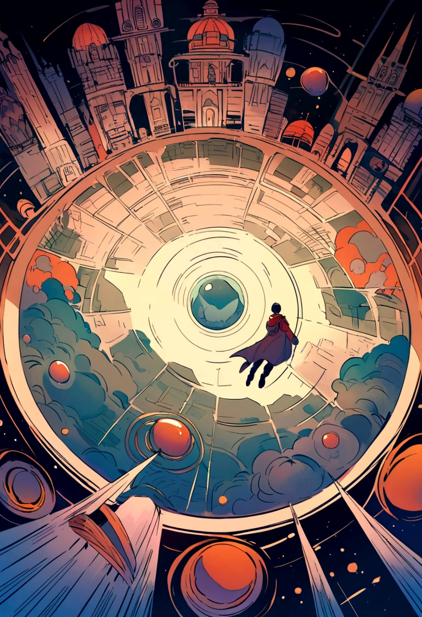A man flies through the sky,Surrounded by a planet,A variety of stranger city surround it。The man holds the map,'s illustration。
