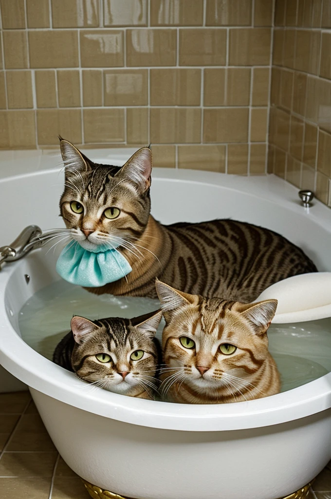 Cat with bathing cap and duck in the bathtub