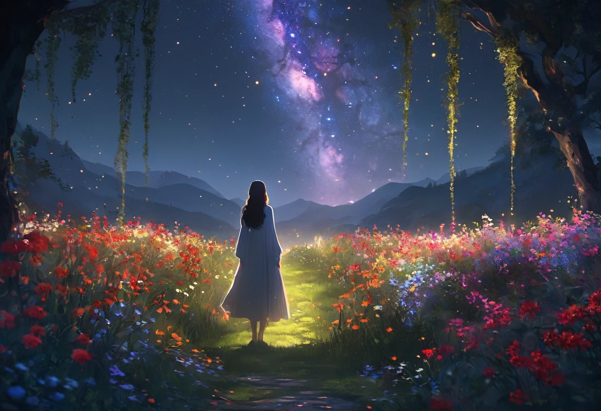 (((zoom out))),8k,((Highest quality)),((high-res)),((shot from behind)),night,She stands in a sanctuary in nature,flowers,outside,thank you!