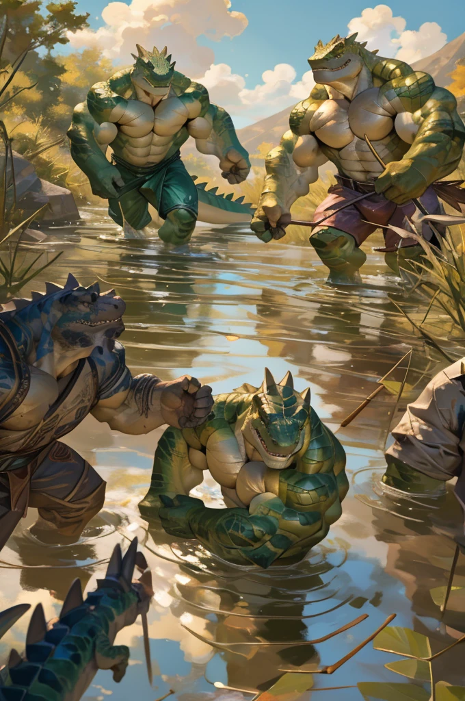 By Taran fiddler, bara, multiple people, lizard, older male, detailed faces, standing, naked, reptile men, a group of anthro reptiles, green scales, erected penises, savages, wearing loinclothes, holding spears, threatening poses, running, crawling, attacking, standing in water, lake, dynamic camera angle, focus on faces