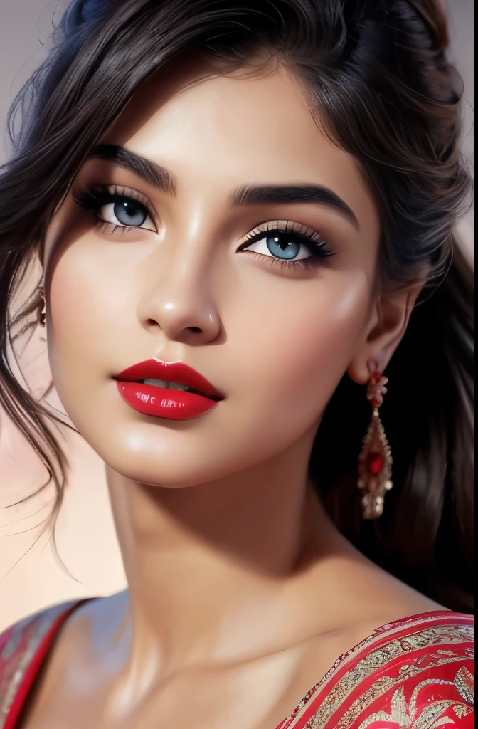 naked,big , night bokeh effect background, perfect pink eyes, fantastic face, Indian, beautiful look, ((red lips, bright eyes, curve heir 1.5)), ((beautiful details body)), A glorious gorgeous, glorious gorgeous face, pretty face, bright eyes, detailed elegant printed shirt, updo elegant hair, blurred gray tones background, ultra focus, face ilumined, face detailed, 8k resolution, painted, dry brush, brush strokes,