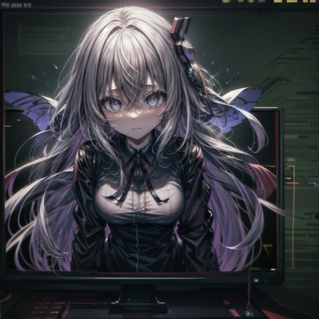 through screen, stuck, monitor,  1girl, breasts,  solo,メカ娘、looking at viewer, hair between eyes, shirt, very long hair, bangs, , long sleeves, upper body, virtual youtuber,