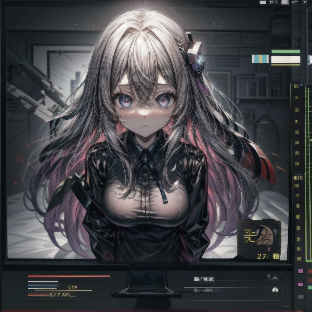 through screen, stuck, monitor,  1girl, breasts,  solo,メカ娘、looking at viewer, hair between eyes, shirt, very long hair, bangs, , long sleeves, upper body, virtual youtuber,