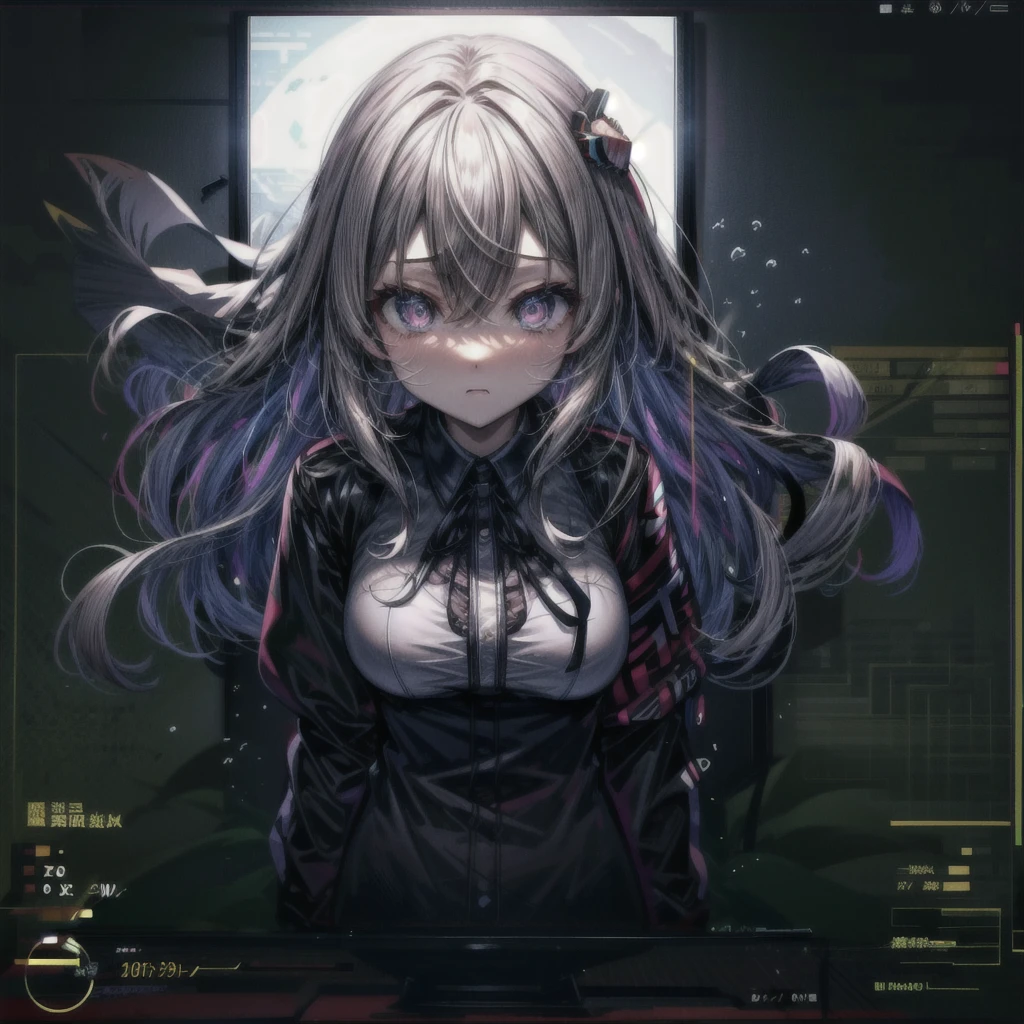 through screen, stuck, monitor,  1girl, breasts,  solo,メカ娘、looking at viewer, hair between eyes, shirt, very long hair, bangs, , long sleeves, upper body, virtual youtuber,