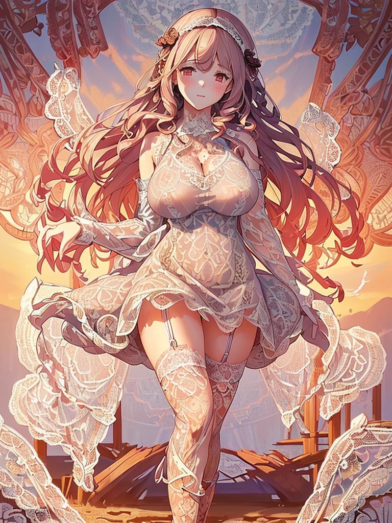 ((Highest quality)),(Ultra-high resolution),(Very detailed),(Detailed Description),((The best CG)),(A masterpiece),Ultra-detailed art,Amazing painting art,(Works with precise details:1.5), (1 female:1.6),(Beautiful and well-proportioned face:1.5),(Curly Hair:1.6),(((Intricately detailed lace dress:1.8))),Fine jewellery with exquisite detailing:1.5,Waist Accessories:1.5,Look at me and smile:1.5, See-through nipples, Angel Girl, (Magnificent white angel wings on his back:1.2), Mature Woman,Descended into the church,(Pastel colored hair:1.3),(Red and black long high heel boots:1.4), (garter belt), (stockings)、 (Floating in the sky with magical powers:1.2),(Floating skirt:1.5), (Embarrassed expression, blush:1.2),(bracelet),(heart choker)