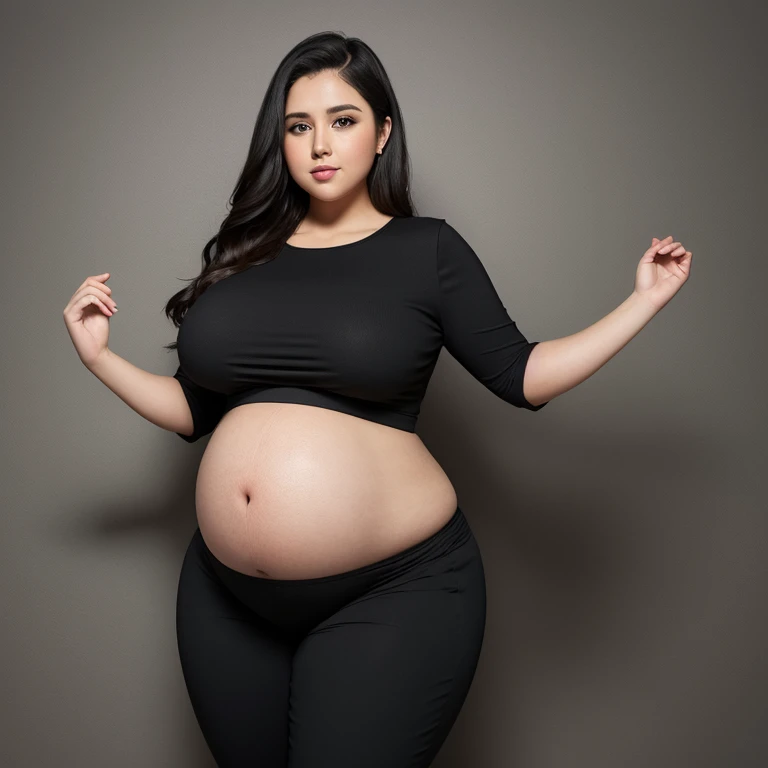 pregnant woman in black top and black pants reaching out, large round belly, thick and round belly, chubby woman, chubby belly, big belly, folds of abdominal flap, chubby, large belly, curvy woman, pregnant belly, portrait of a chubby woman, a chubby