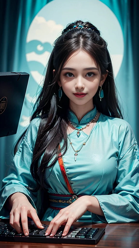 masterpiece, Highest quality, Super detailed, figure,(One girl),Beautiful attention to detail, View your viewers, (Holding a computer keyboard), Happy, (Turquoise Hair:1), (Blue round eyes:1), (Round earrings), (turquoise large gemstone necklace), Cute round face, Long Hair, smile, Fantasy Chinese Clothing