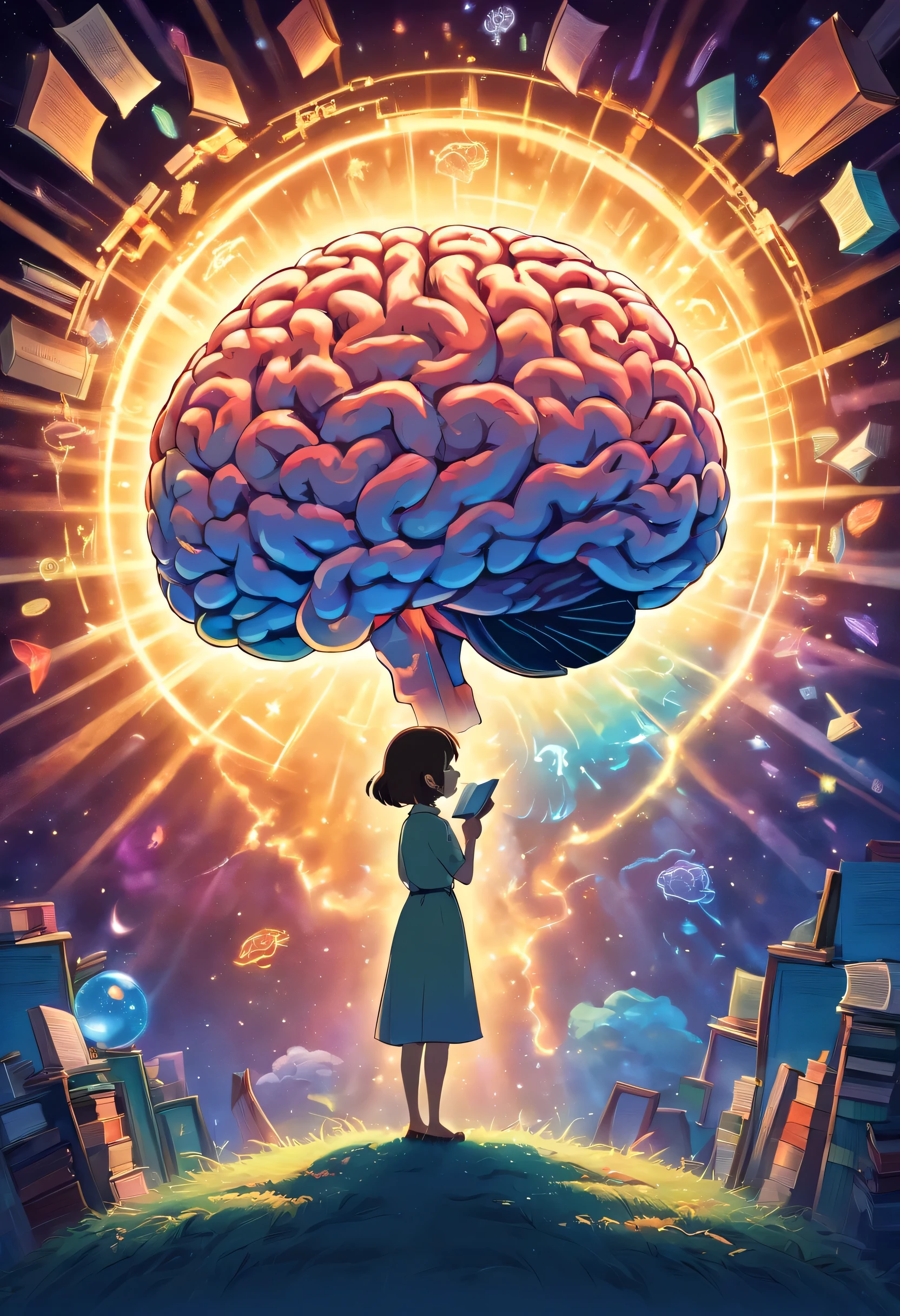 Silhouette or image of a brain with a bright dot in the center representing cognition or insight, complemented by elements that symbolize knowledge and learning, like books or a light bulb.