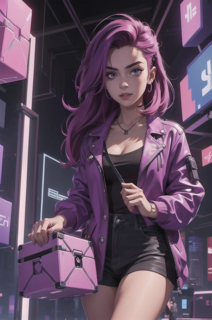 masterpiece, full quality,HD,girl with ruby bucket hair violetta, hands in front holding the cube,Cyberpunk