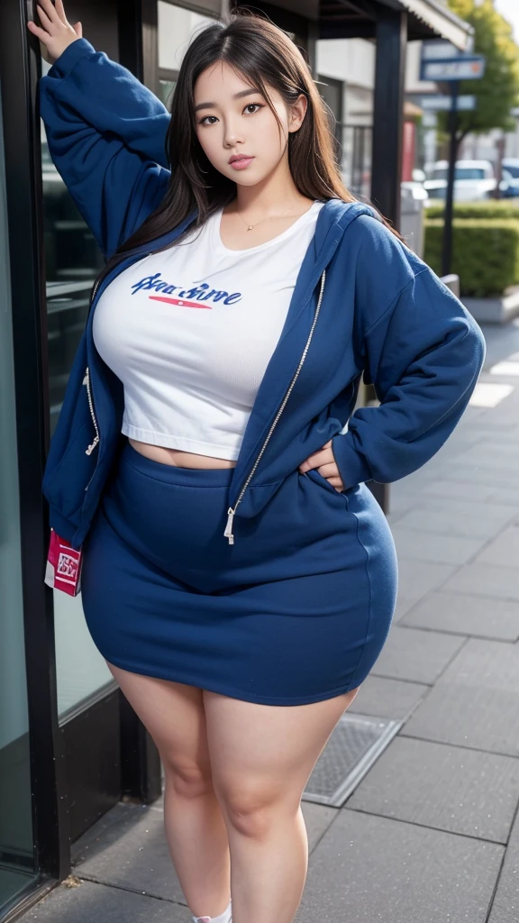 ((best quality)), ((masterpiece)), (detailed), perfect face, a woman in a dark-blue hoodie and long skirt random posing for a picture, bbwchan, thick body, thicc, she has a jiggly fat round belly, korean girl, curvy model, beautiful thick female, thick, heonhwa choe, widest hips, skinny waist and thick hips, alluring plus sized model, thick thighs, nene tanaka body, nene tanaka face. Bbwchan, full body view, wearing a red sneaker, big breast, woman in proportions body, big eye, big cheeks, chubby Thighs