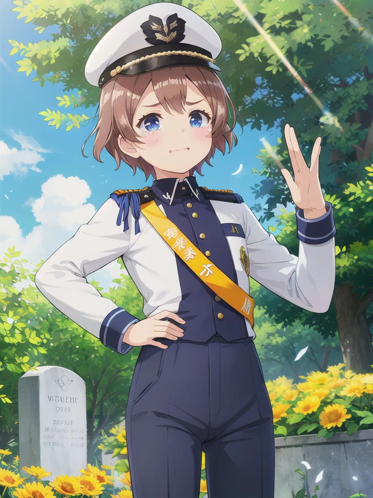 Highest quality,masterpiece,12 years old,serious,(Close your mouth),blue eyes,Outdoor,Grave,Graveの前,Graveに対面する,Are standing,Lens flare,Flower storm,Brown Hair, short hair, Navy uniform,, (Raise your left hand,45 degree salute,Be careful with your right hand),Navy uniform cap,tears 