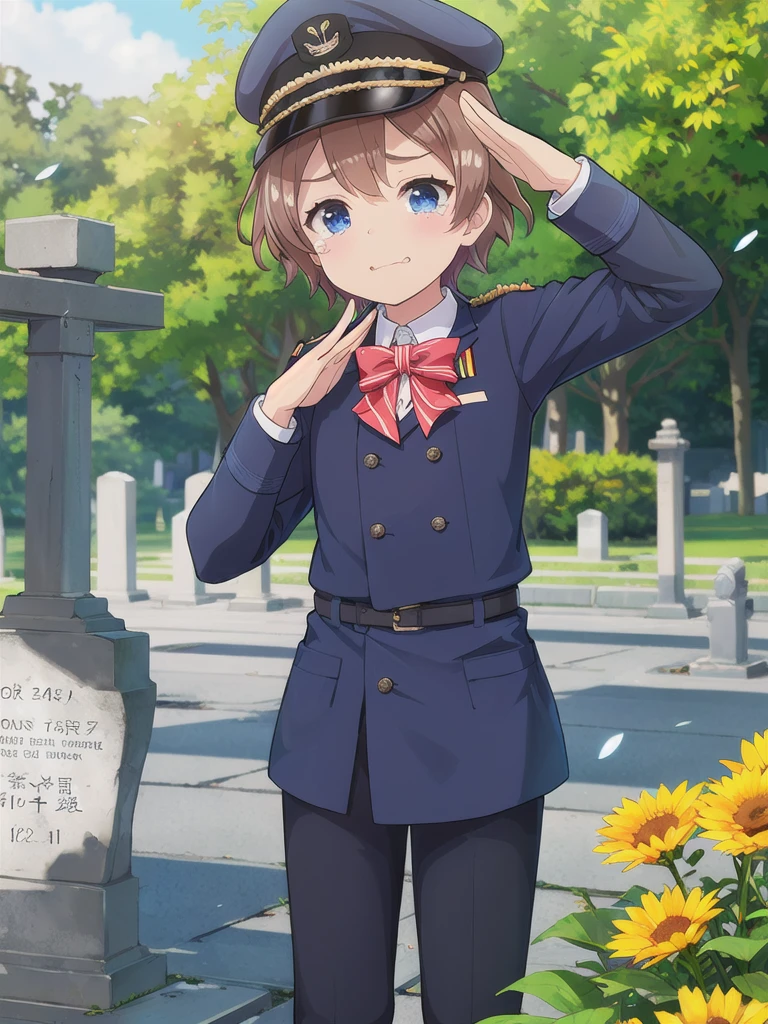 Highest quality,masterpiece,12 years old,serious,(Close your mouth),blue eyes,Outdoor,Grave,Graveの前,Graveに対面する,Are standing,Lens flare,Flower storm,Brown Hair, short hair, Navy uniform,, (Raise your left hand,45 degree salute,Be careful with your right hand),Navy uniform cap,tears 