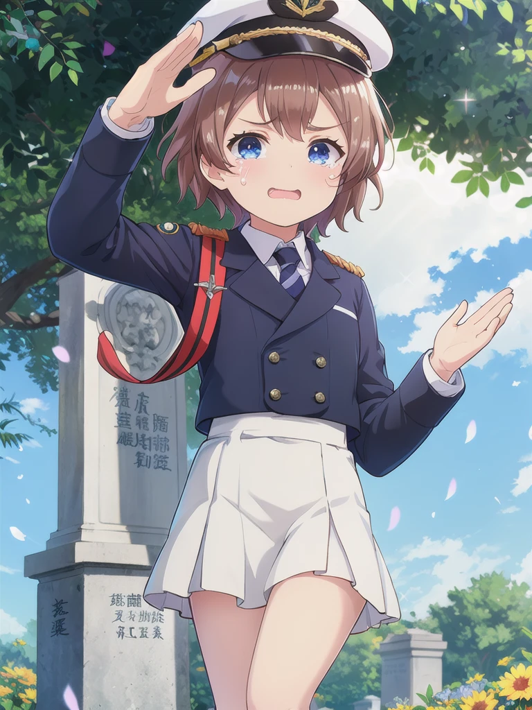 Highest quality,masterpiece,,serious,(Close your mouth),blue eyes,Outdoor,Grave,Graveの前,Graveに対面する,Are standing,Lens flare,Flower storm,Brown Hair, short hair, Navy uniform,, (Raise your left hand,45 degree salute,Be careful with your right hand),Navy uniform cap,tears