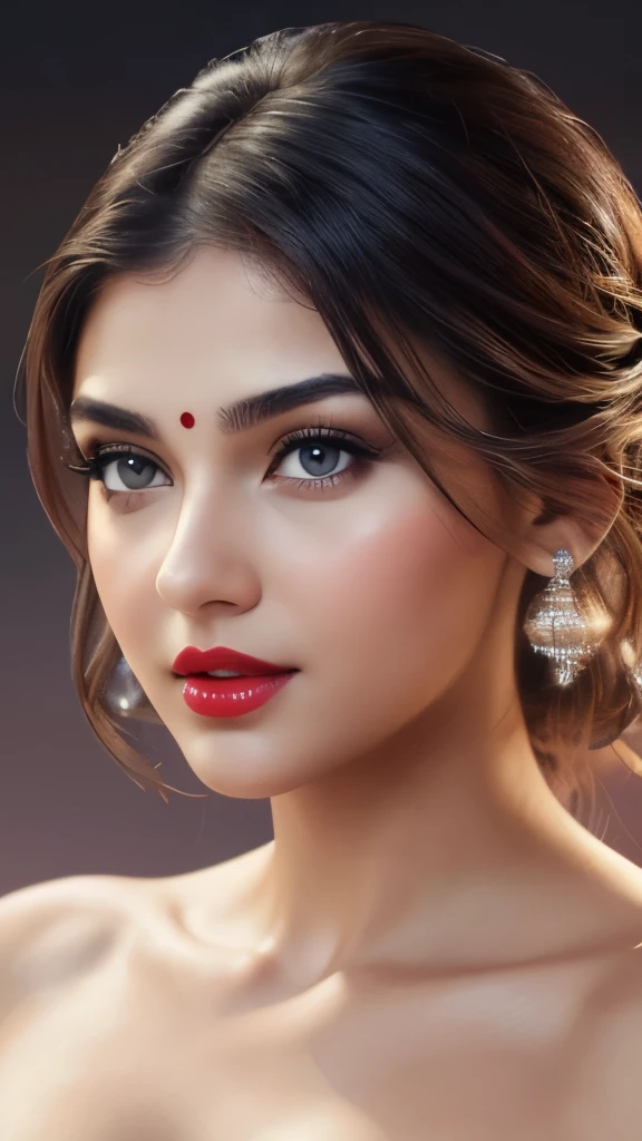naked,big , night bokeh effect background, perfect pink eyes, fantastic face, Indian, beautiful look, ((red lips, bright eyes, curve heir 1.5)), ((beautiful details body)), A glorious gorgeous, glorious gorgeous face, pretty face, bright eyes, detailed elegant printed shirt, updo elegant hair, blurred gray tones background, ultra focus, face ilumined, face detailed, 8k resolution, painted, dry brush, brush strokes,