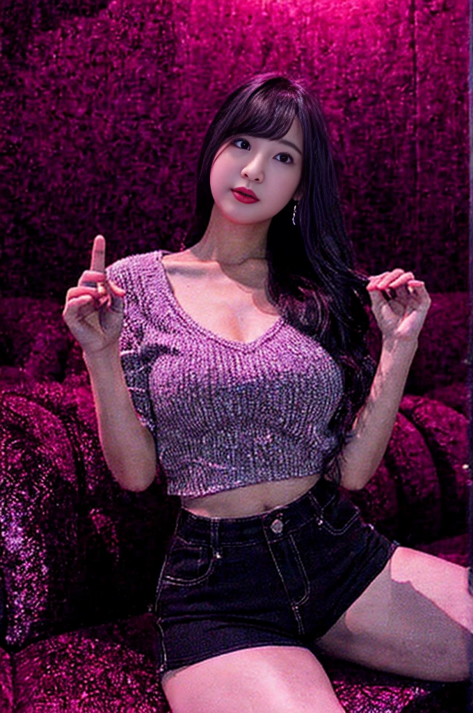 Lady, pose seductively to the viewer, alone:1, throw, Beautiful thick thighs,
Entertainment district background, Long Hair, 3/4 bodies, V-neck mini hot shorts