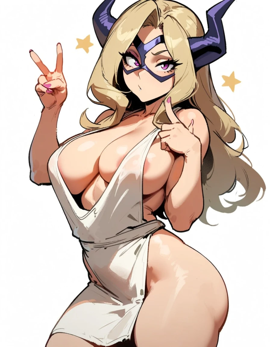 1girl, mount lady, boku no hero academia \\\\\ masterpiece, best quality, very aesthetic, absurdres, newest \\\\\\ sportive body, \\\\\\ by dodok, nyantcha, cutesexyrobutts, by khyle ///// blonde, purple eyes, , 24 years old,, wearing only apron, , naked, rating general,,big tits, white background, V, little stars