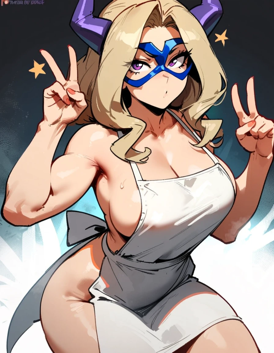 1girl, mount lady, boku no hero academia \\\\\ masterpiece, best quality, very aesthetic, absurdres, newest \\\\\\ sportive body,  \\\\\\  by dodok, nyantcha, cutesexyrobutts, by khyle ///// blonde, purple eyes,   , 24 years old,, wearing only apron, , naked, rating general,,big tits, white background, V, little stars
