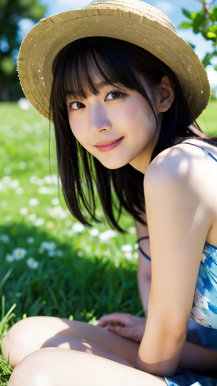 (Highest quality,masterpiece:1.3,Ultra-high resolution),(Very detailed,Caustics,8K),(Realistic:1.4,RAW shooting),18-year-old,cute,Japanese,Straw hat,Black hair medium hair,(one piece),(smile),Looking into the camera,blue sky,sun,(Top of the Hill),(Tall green grassland:1.1),(Sit on the grass),(Ground Level Shot:1.1),(Waist up shot),(Low position:1.1),(Low Angle:1.1),Natural light