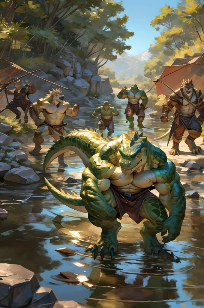 By Taran fiddler, bara, multiple people, lizard, older male, detailed faces, standing, naked, reptile men, a group of anthro reptiles, green scales, erected penises, savages, wearing loinclothes, holding spears, threatening poses, running, crawling, attacking, standing in water, chasing viewer, lake, dynamic camera angle, focus on faces